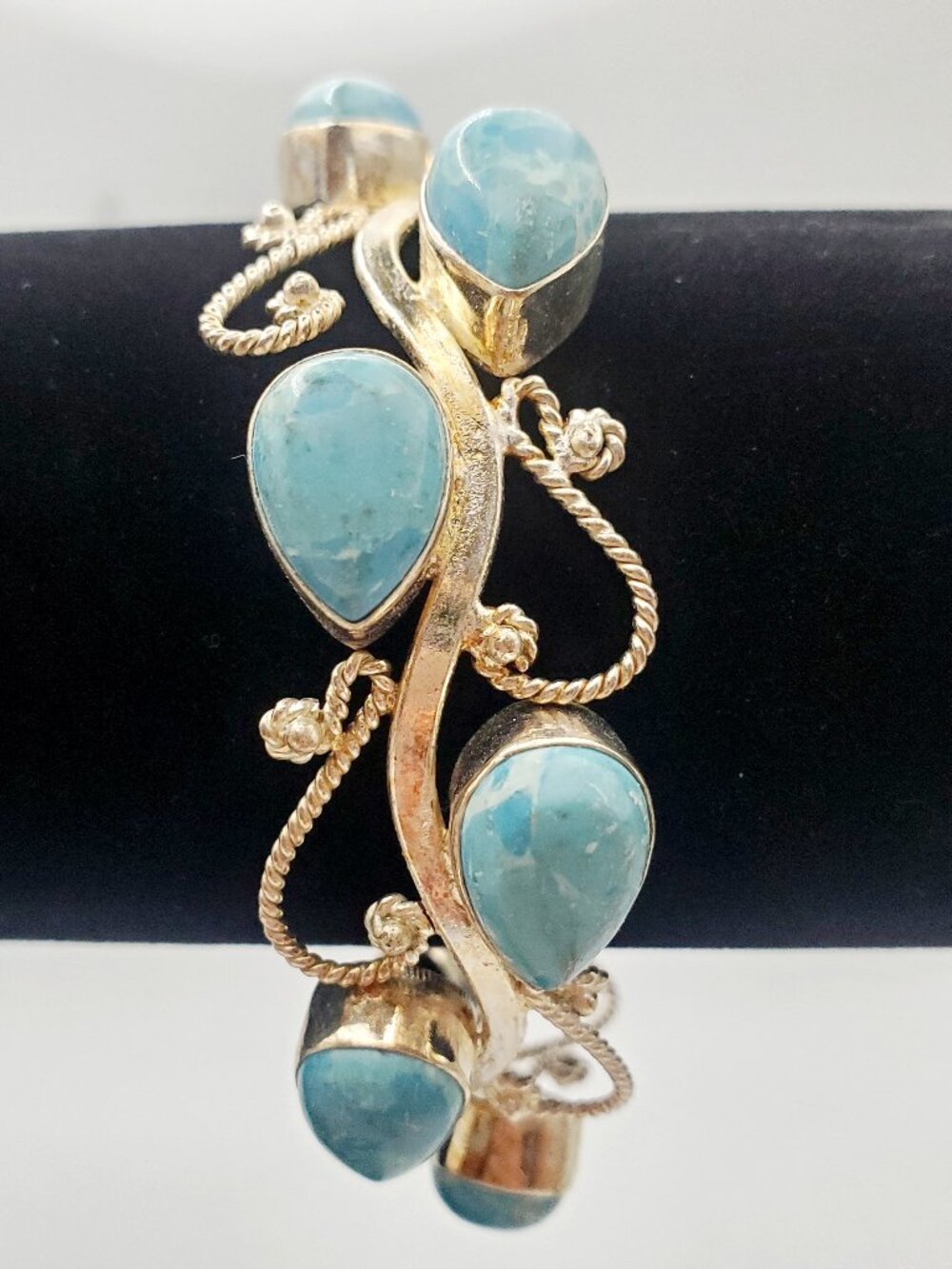 925 Sterling Silver Filagree Vine Cuff Bangle Bracelet Teardrop Larimar Stones